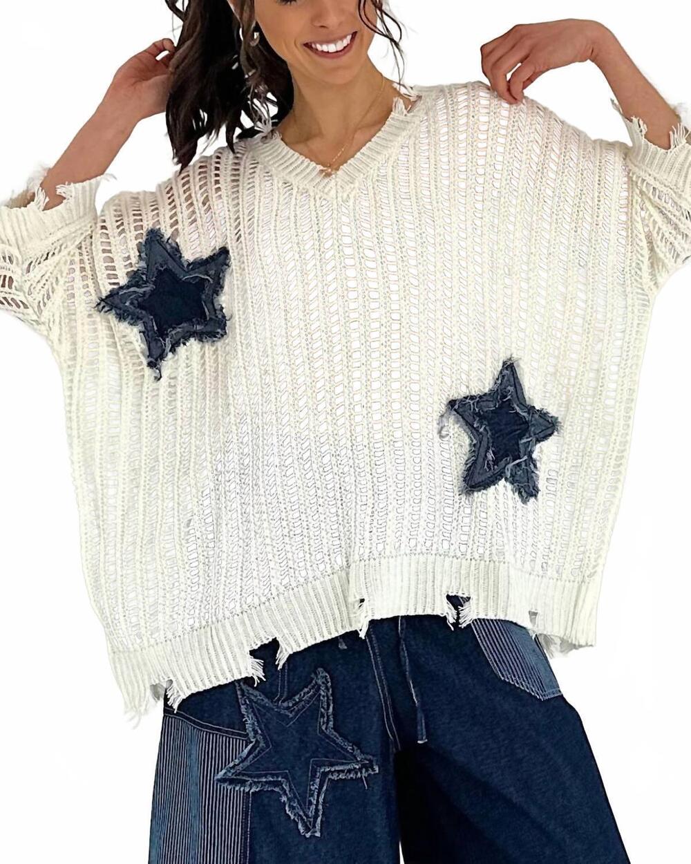 NEW MELLO distressed star knit pullover in white